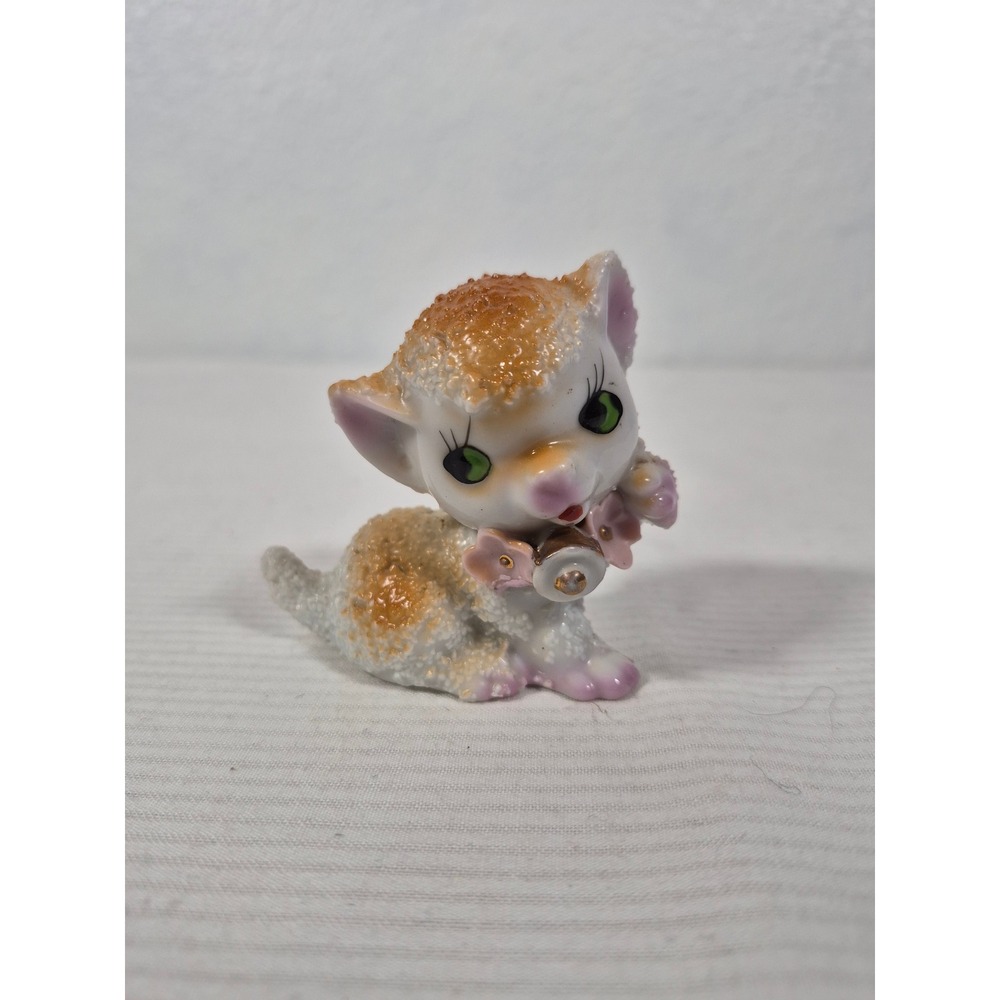 Vintage Spaghetti Porcelain Kitten Figurine Pink Flowers Bell Ceramic Cat Japan